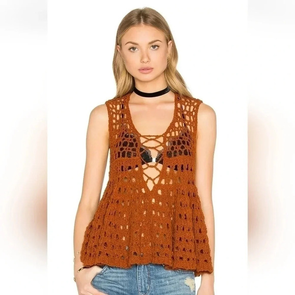 Free People Tops - || FREE PEOPLE || Circles Within crocheted tank top, sweater, boho, orange
